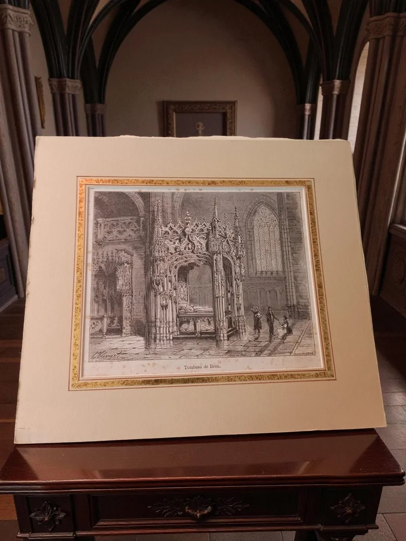 Gravure ancienne "Tombeau de Broia" cathédrale style gothique vintage déco mural