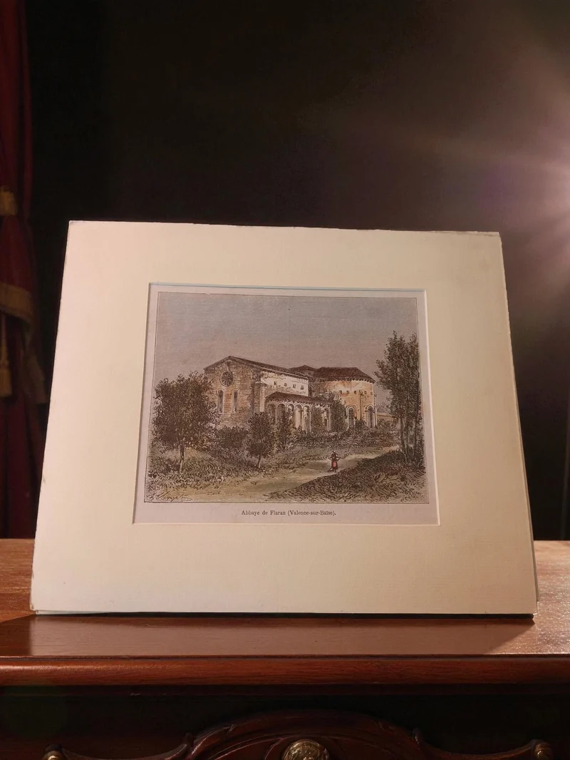 Gravure ancienne Abbaye de Flaran Valence-sur-Baïse vintage décor rétro art