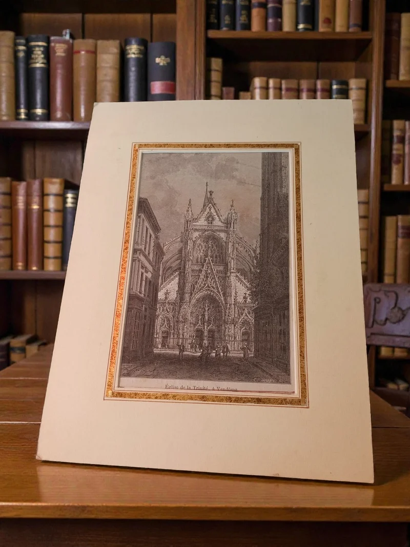 Gravure ancienne Église de la Trinité Vendôme encadrée vintage art déco rétro