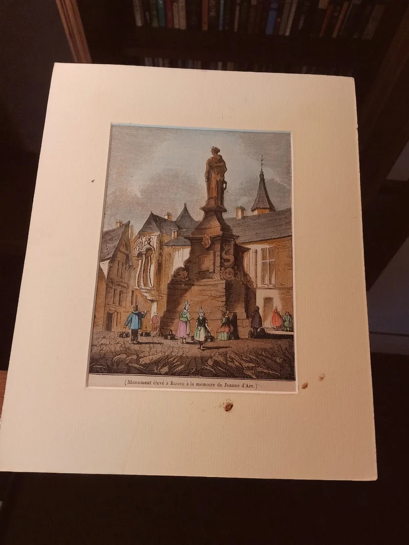 Gravure ancienne Rouen Jeanne d?Arc monument, vintage décor rétro, authentique