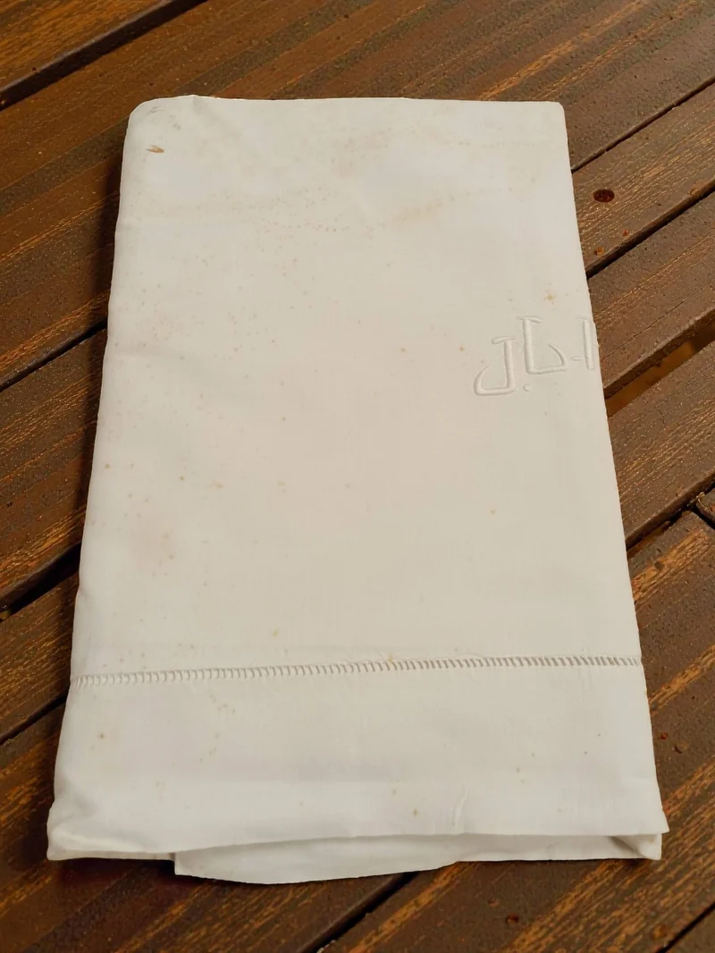 Drap de lit ancien brodé vintage fin XIXe, motif ancre, rare, collection rétro