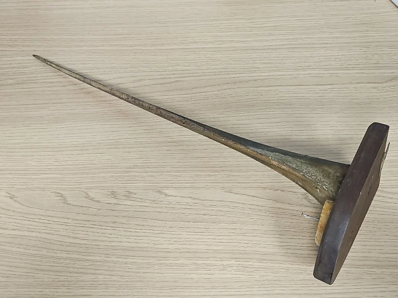 Pointe d?espadon naturalisée vintage sur plaque bois, taxidermie ancien déco