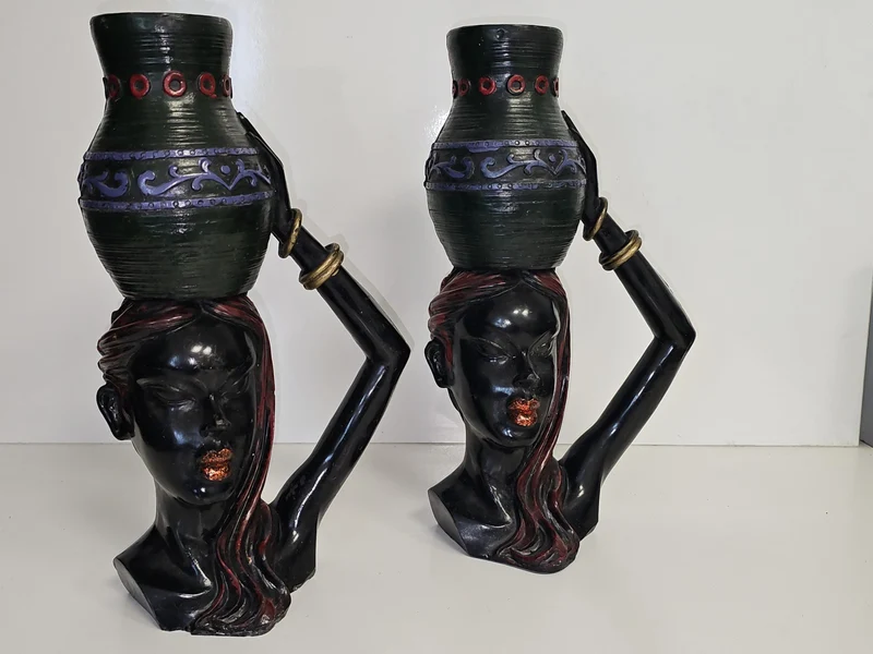 Paire de bougeoirs anciens bois sculpté têtes africaines vintage déco ethnique