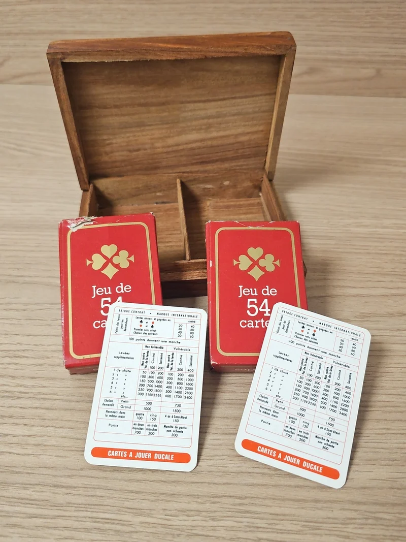 Lot vintage jeux de cartes anciens avec boîte bois Ancienne, collection rétro ra